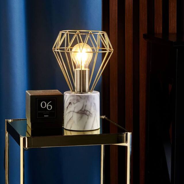 Wyld and Coco Table Lamp - Diamond Cage Shade with Marble-Look Round Base in Bronze - image 1