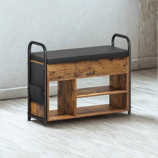 Pirlo Plush Shoe Storage Bench With Cushioned Seat & Open Shelves in Brown - image 1
