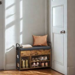 Pirlo Plush Shoe Storage Bench With Cushioned Seat & Open Shelves in Brown - thumbnail 2
