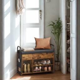 Pirlo Plush Shoe Storage Bench With Cushioned Seat & Open Shelves in Brown - thumbnail 3