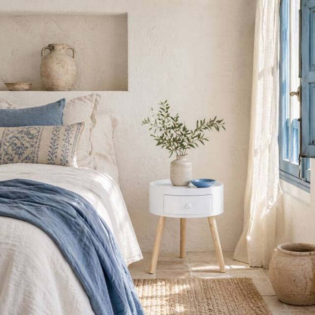 Wyld Haus Taloso Round White Bedside Table with Drawer & Natural Wooden Legs - image 1