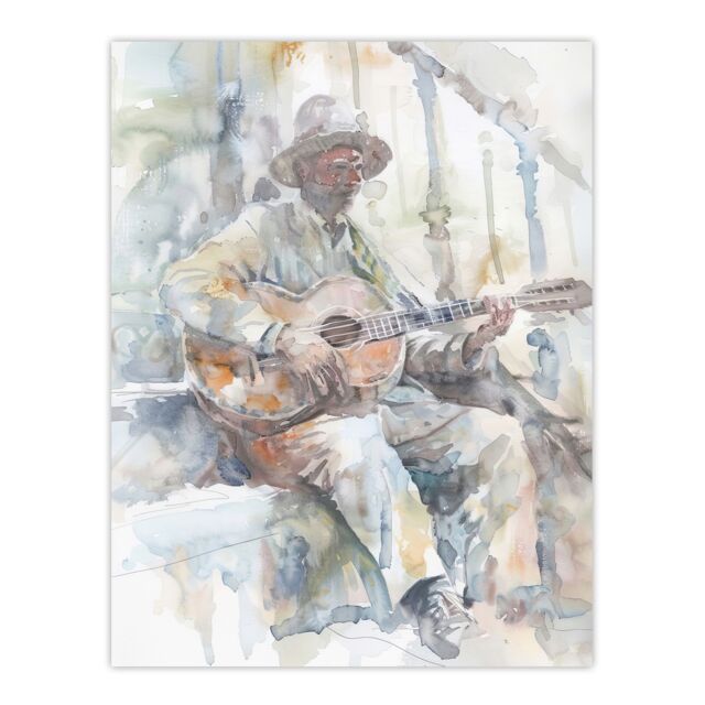 "Artery8 Street Musician Playing Guitar Watercolour Wall Art Print in Grey - Size: W24"" x H32""" - image 1