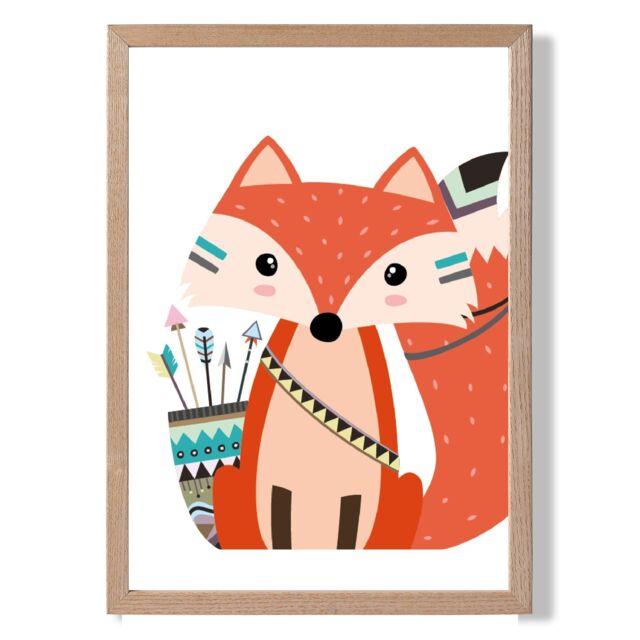 ARTZE Sitting Red Fox Tribal Animal Framed Print SIZE: A2 with Oak Frame - Size: A3 - image 1