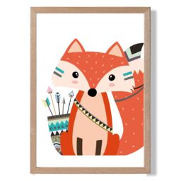 ARTZE Sitting Red Fox Tribal Animal Framed Print SIZE: A2 with Oak Frame - Size: A3