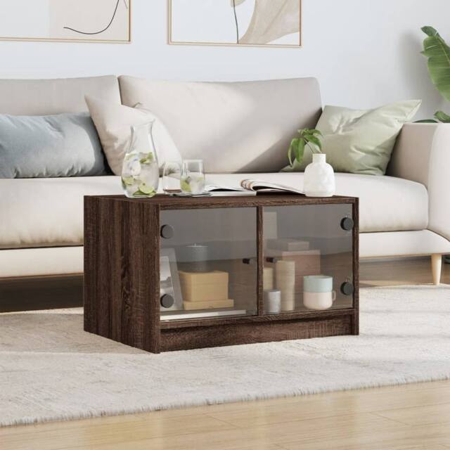 Berkfield Home Modern Coffee Table with Glass Doors Brown Oak 68x50x42 cm - Size: 68 x 50 x 42 cm - image 1