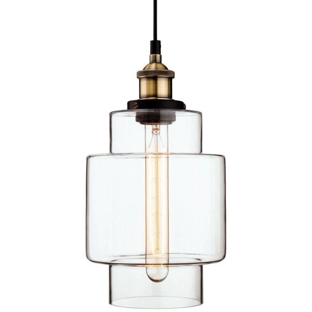 Netlighting Empire 1 Light Ceiling Pendant Antique Brass Clear Glass E27 in Gold