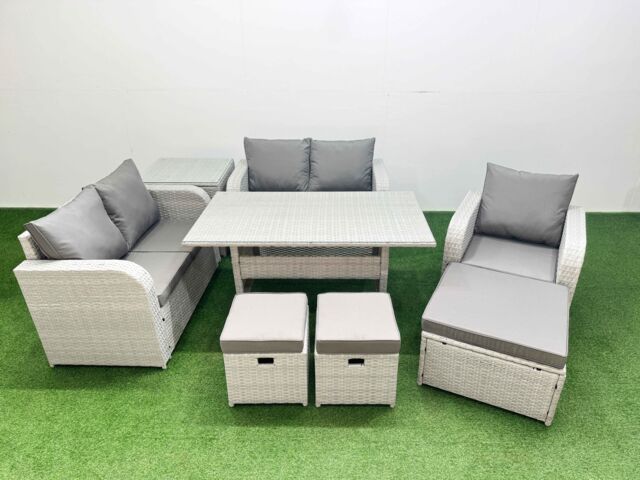 Fimous High Back Poly Rattan Garden Furniture Set w/ Reclining Chair Loveseat Sofa Rectangular Dining Table Indoor Outdoor Patio Set 3 Stools Side - image 1