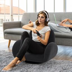Gymax Swivel Floor Chair Folding Gaming Chair With Adjustable Backrest-Black in Black - thumbnail 3