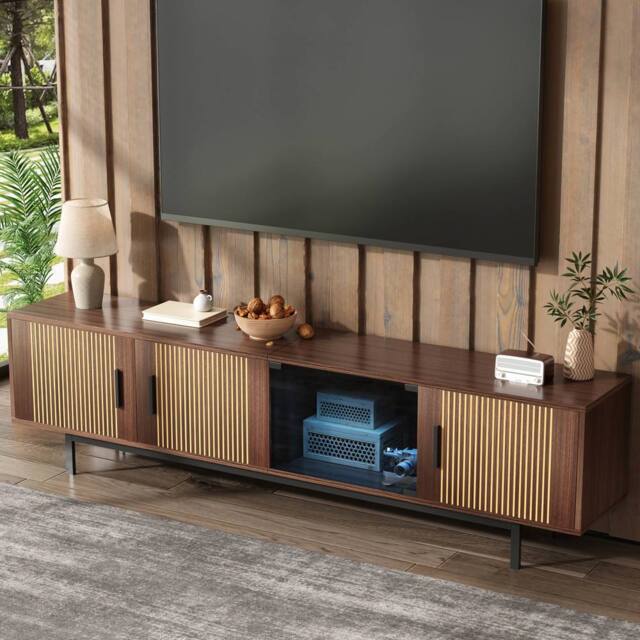 Merax 200cm Wood Lowboard TV Cabinet with Tempered Glass Door, & LED in Walnut - image 1
