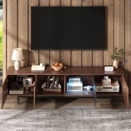 Merax 200cm Wood Lowboard TV Cabinet with Tempered Glass Door, & LED in Walnut - thumbnail 2