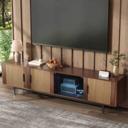 Merax 200cm Wood Lowboard TV Cabinet with Tempered Glass Door, & LED in Walnut - thumbnail 1