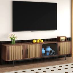 Merax 200cm Wood Lowboard TV Cabinet with Tempered Glass Door, & LED in Walnut - thumbnail 9