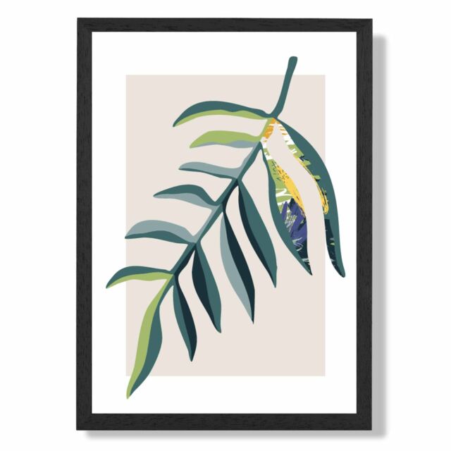ARTZE Tropical Leaf Teal & Green Mid Century Modern Framed Print SIZE: A3 with Black Frame - Size: A2 - image 1