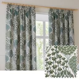 Wylder Ophelia Floral Room Darkening Pencil Pleat Curtain Pair in Green - Size: 228 cm width x 228 cm drop