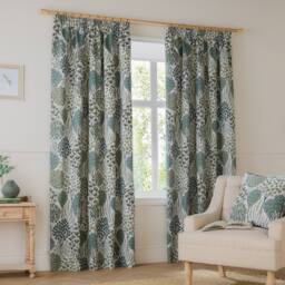 Wylder Ophelia Floral Room Darkening Pencil Pleat Curtain Pair in Green - Size: 228 cm width x 228 cm drop - thumbnail 2