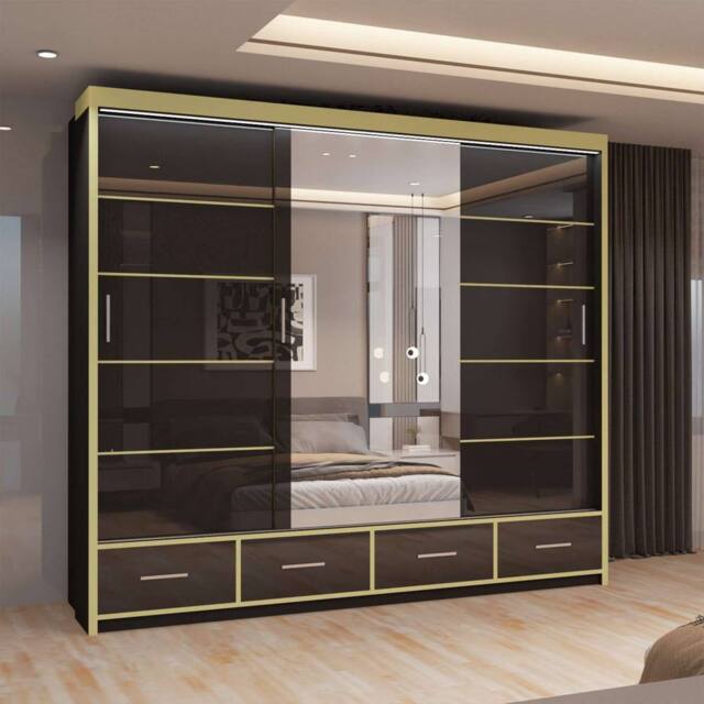 MN Furniture High Gloss Sliding Mirror Wardrobe - LED Light 253cm x 220cm in Black - Size: 253 cm x 220 cm - image 1