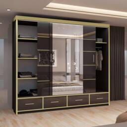 MN Furniture High Gloss Sliding Mirror Wardrobe - LED Light 253cm x 220cm in Black - Size: 253 cm x 220 cm - thumbnail 3
