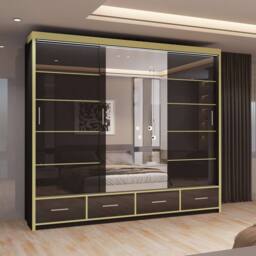 MN Furniture High Gloss Sliding Mirror Wardrobe - LED Light 253cm x 220cm in Black - Size: 253 cm x 220 cm - thumbnail 1
