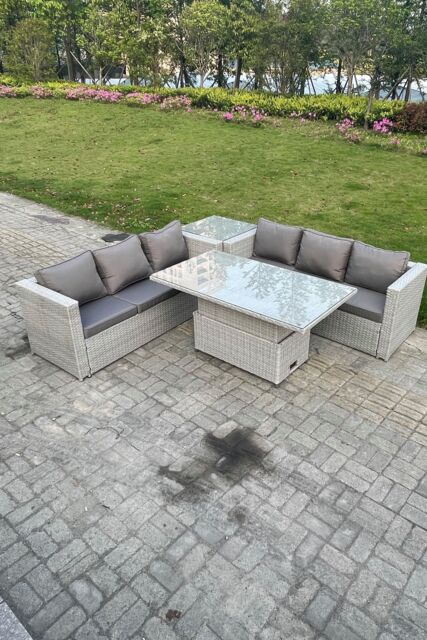 Fimous Rattan Garden Funiture Set Height Adjustable Rising Lifting Table Sofa Dining Set Coffee Tea Table in Light Grey - image 1