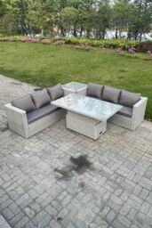 Fimous Rattan Garden Funiture Set Height Adjustable Rising Lifting Table Sofa Dining Set Coffee Tea Table in Light Grey - thumbnail 2