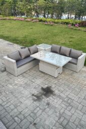 Fimous Rattan Garden Funiture Set Height Adjustable Rising Lifting Table Sofa Dining Set Coffee Tea Table in Light Grey - thumbnail 1