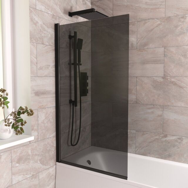 Nes Home 800mm Square Bath Screen Black Profile Tinted Black Glass Reversible - image 1