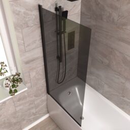 Nes Home 800mm Square Bath Screen Black Profile Tinted Black Glass Reversible - thumbnail 4