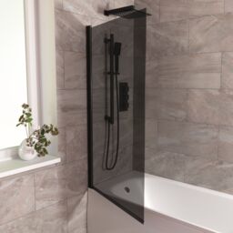 Nes Home 800mm Square Bath Screen Black Profile Tinted Black Glass Reversible - thumbnail 2