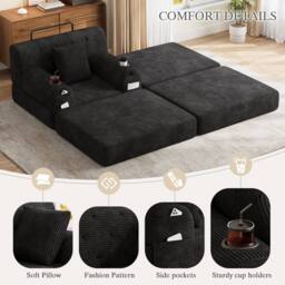BTM Cord Sleeper Chair Ottoman Cup Holders Side Pockets Black - thumbnail 5