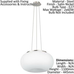 Loops Pendant Light Colour Satin Nickel Shade White Glass Opal Matt Bulb E27 2x60W in Metallics - thumbnail 2