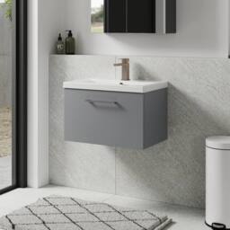 Balterley 600mm Wall Hung 1 Drawer Vanity Basin Unit, Satin Grey, Pewter Handle in Grey - thumbnail 4