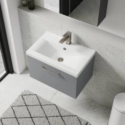 Balterley 600mm Wall Hung 1 Drawer Vanity Basin Unit, Satin Grey, Pewter Handle in Grey - thumbnail 3