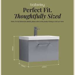 Balterley 600mm Wall Hung 1 Drawer Vanity Basin Unit, Satin Grey, Pewter Handle in Grey - thumbnail 5
