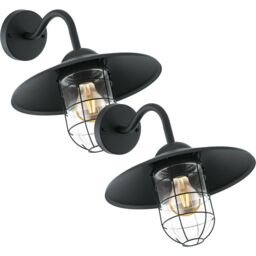 Loops 2 PACK IP44 Outdoor Wall Light Black Cage Fisherman Shade 60W E27 Porch Lamp