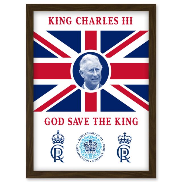Artery8 King Charles III Coronation God Save the King Union Jack Crest & Emblem Artwork Framed Wall Art Print A4 in Brown - image 1