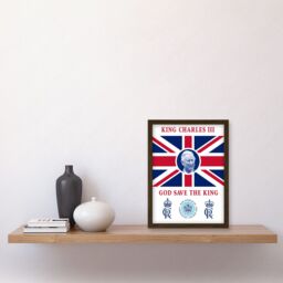 Artery8 King Charles III Coronation God Save the King Union Jack Crest & Emblem Artwork Framed Wall Art Print A4 in Brown - thumbnail 2