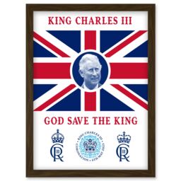 Artery8 King Charles III Coronation God Save the King Union Jack Crest & Emblem Artwork Framed Wall Art Print A4 in Brown - thumbnail 1