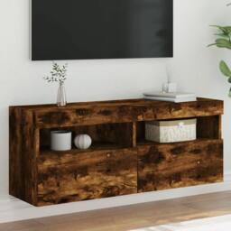 Berkfield Home TV Wall Cabinet with LED Lights Smoked Oak 100x30x40 cm in Brown - Size: 100 x 30 x 40 cm - thumbnail 2
