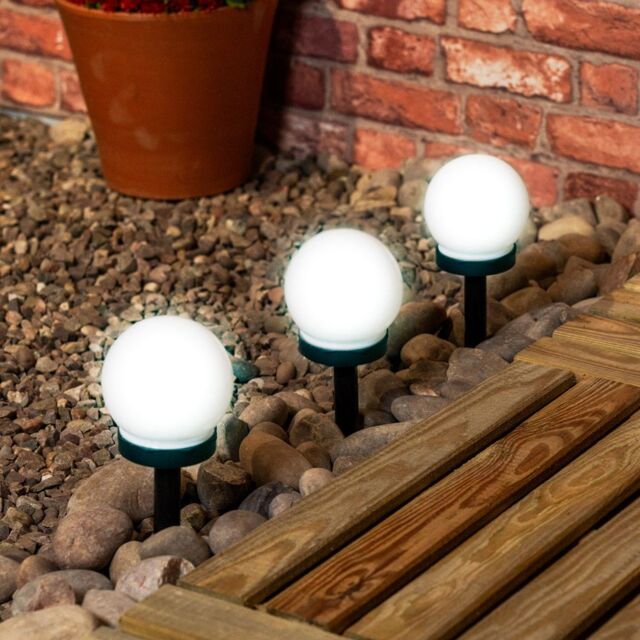 ValueLights Frosted Globe Solar Powered Outdoor Spike Lights 3 Pack Garden Stake Lamp in White