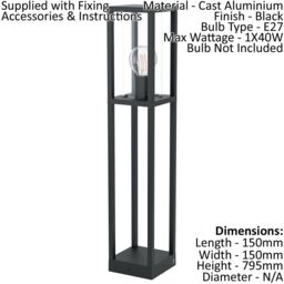 Loops IP44 Outdoor Bollard Light Black Cast Aluminium Box 1 x 40W E27 Tall Lamp Post - thumbnail 2