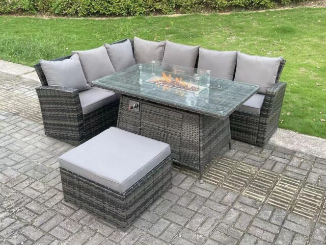 Fimous 7 Seater High Back Rattan Gas Fire Pit Corner Sofa Dining Set Garden Furniture Heater Dining Table Left Side in Dark Grey - image 1