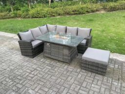 Fimous 7 Seater High Back Rattan Gas Fire Pit Corner Sofa Dining Set Garden Furniture Heater Dining Table Left Side in Dark Grey - thumbnail 3