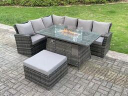 Fimous 7 Seater High Back Rattan Gas Fire Pit Corner Sofa Dining Set Garden Furniture Heater Dining Table Left Side in Dark Grey - thumbnail 1