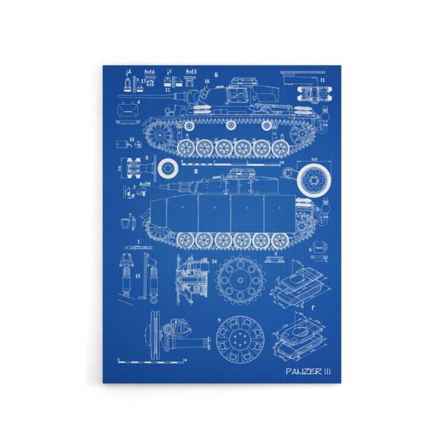 "Artery8 Panzer III 3 German Tank Blueprint Canvas Wall Art Print in Blue - Size: W24"" x H32""" - image 1