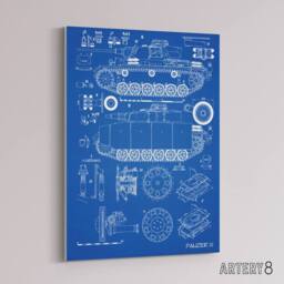 "Artery8 Panzer III 3 German Tank Blueprint Canvas Wall Art Print in Blue - Size: W24"" x H32""" - thumbnail 2