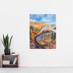 "Artery8 Steam Train Glenfinnan Viaduct Railway Bridge Wall Art Print in Yellow - Size: W12"" x H16""" - thumbnail 4