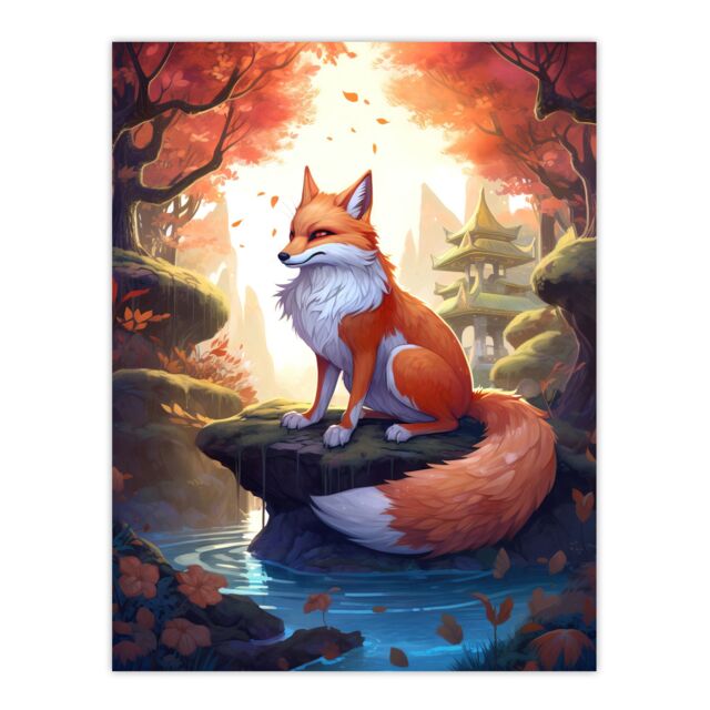Artery8 Wall Art Print Kitsune Fox Spirit Painting Orange Green Blue Digital Art Conceptual Depiction Mythical Creature in Autumn Forest Landscape w/ - image 1
