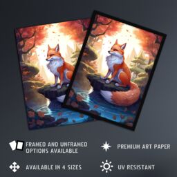 Artery8 Wall Art Print Kitsune Fox Spirit Painting Orange Green Blue Digital Art Conceptual Depiction Mythical Creature in Autumn Forest Landscape w/ - thumbnail 2