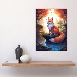 Artery8 Wall Art Print Kitsune Fox Spirit Painting Orange Green Blue Digital Art Conceptual Depiction Mythical Creature in Autumn Forest Landscape w/ - thumbnail 4