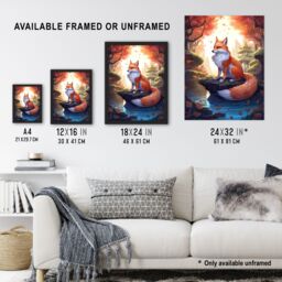 Artery8 Wall Art Print Kitsune Fox Spirit Painting Orange Green Blue Digital Art Conceptual Depiction Mythical Creature in Autumn Forest Landscape w/ - thumbnail 3